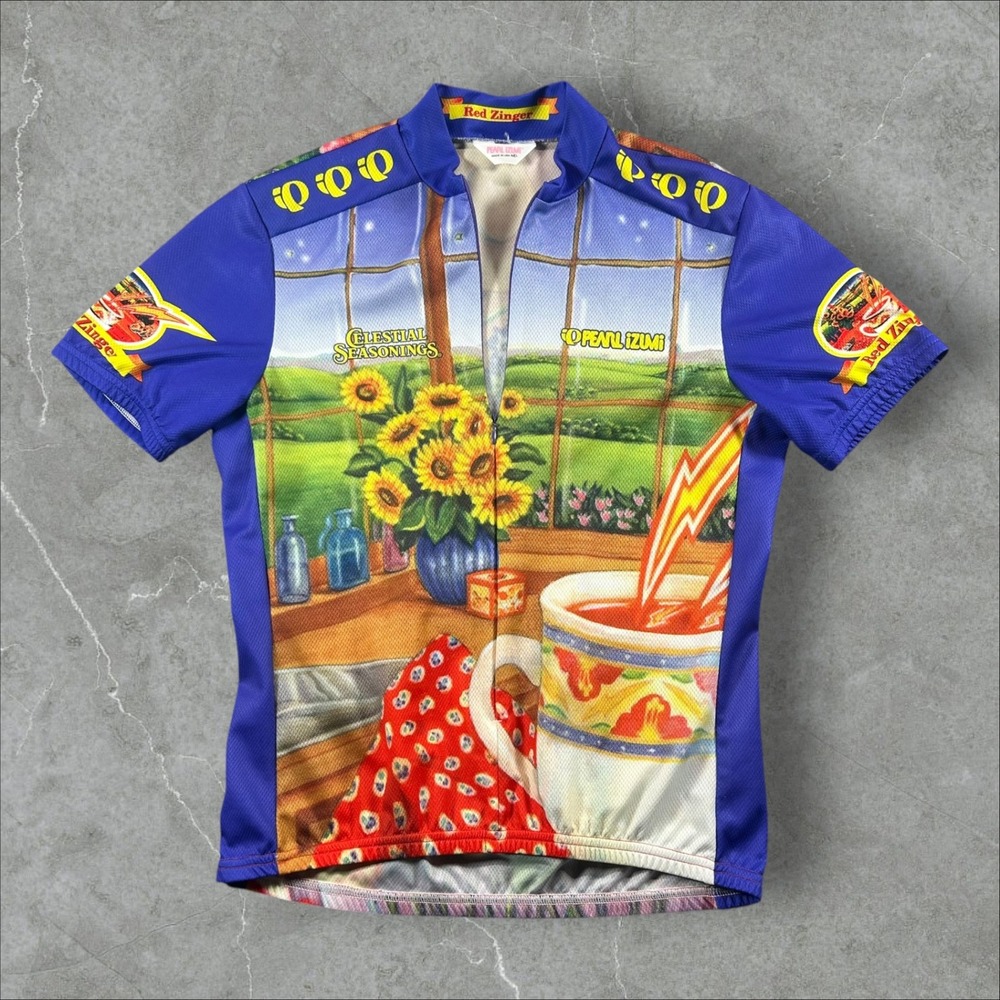 Pearl Izumi Cycling Jersey Women Medium Blue Red Zinger Celestial Seasonings Tea
